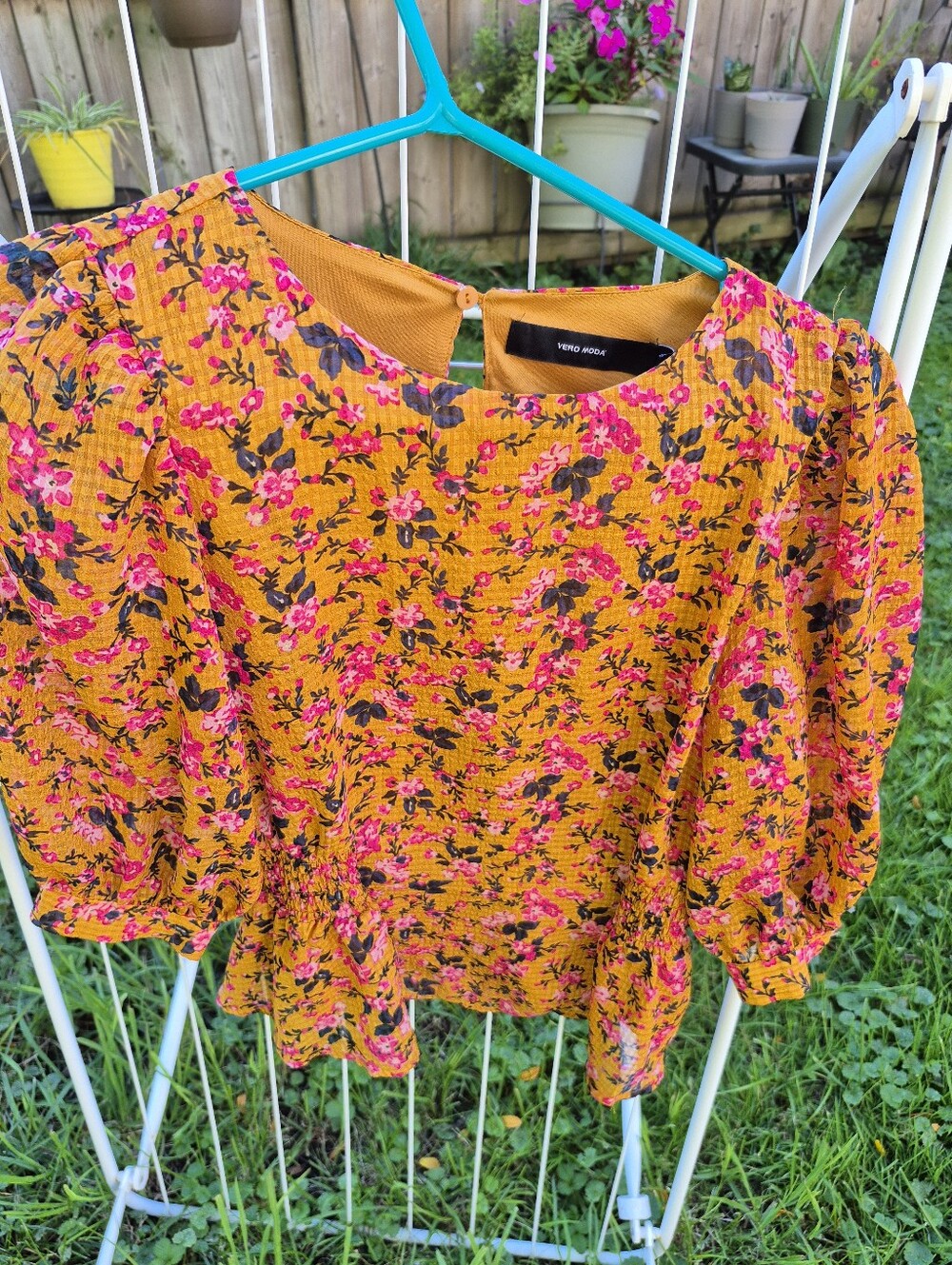 Vero Moda Mustard Floral Smocked-Waist Puff Sleeve Blouse